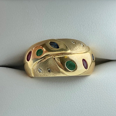 Domed Emerald, Sapphire, and Ruby Ring