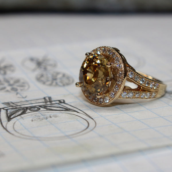Golden Zircon and Diamond Ring, Custom Made