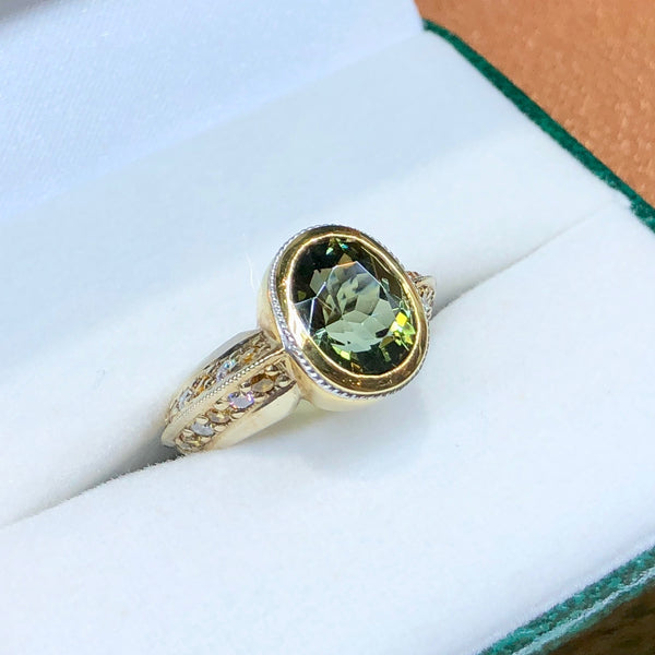 Green Tourmaline, Yellow Sapphire and Diamond Ring