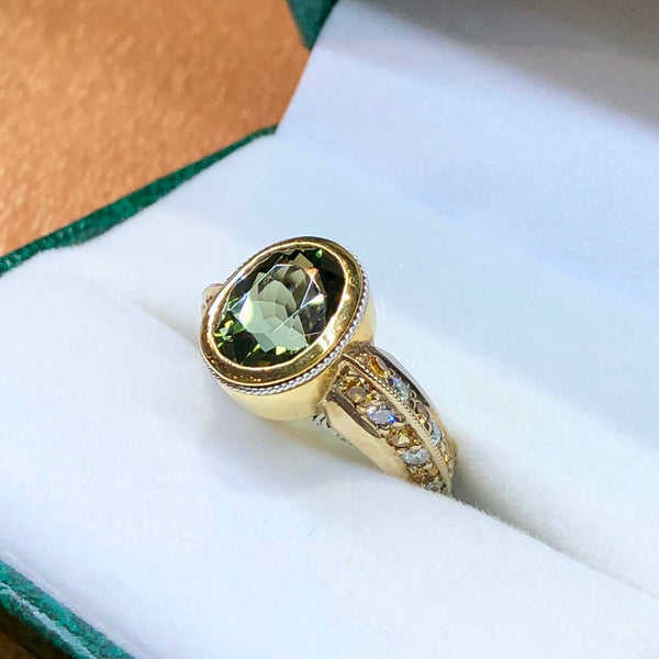 Green Tourmaline, Yellow Sapphire and Diamond Ring