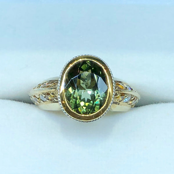Green Tourmaline, Yellow Sapphire and Diamond Ring