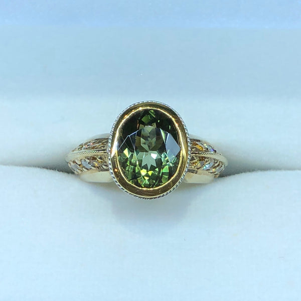 Green Tourmaline, Yellow Sapphire and Diamond Ring