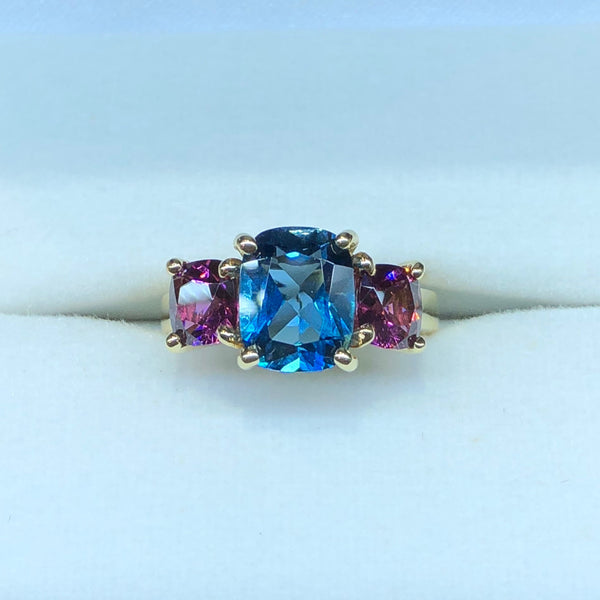 London Blue Topaz and Rhodolite Ring