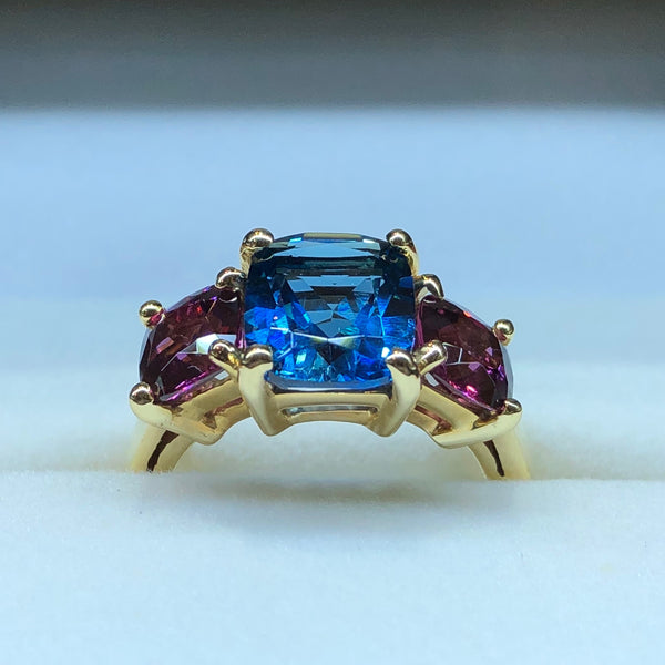 London Blue Topaz and Rhodolite Ring
